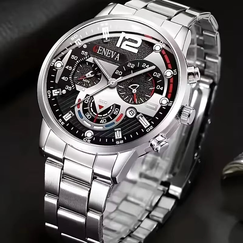 2pcs/set Men's Business Sports Quartz Watch Date Dial Analog Steel Band Wrist Watch & Bracelet
