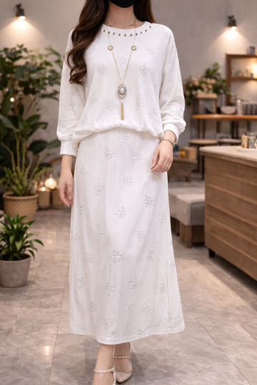 Elegant White 2-Piece Layered Maxi with Silver Floral Accents