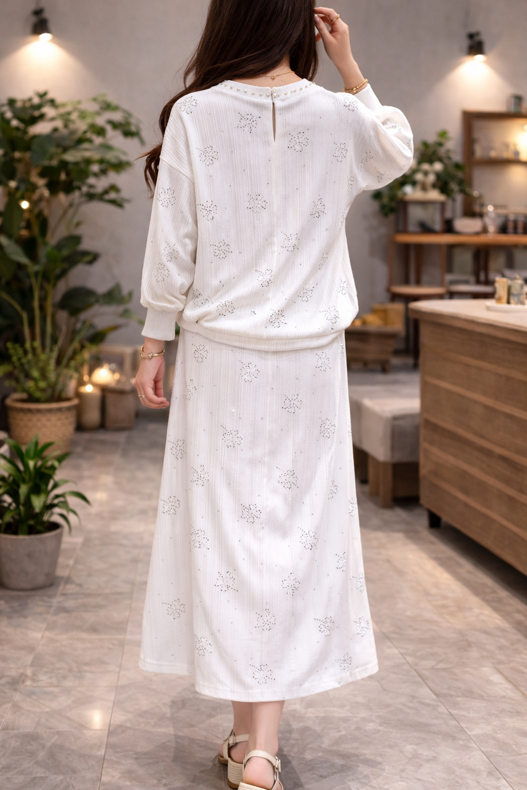 Elegant White 2-Piece Layered Maxi with Silver Floral Accents