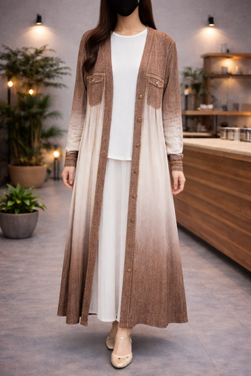 Luxury Brown & White Shaded Cardigan Set | Shaded Long Dress for Women