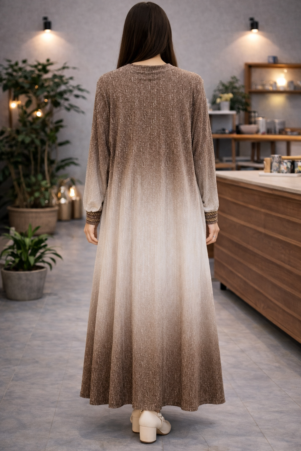 Luxury Brown & White Shaded Cardigan Set | Shaded Long Dress for Women