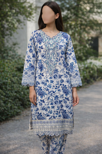 Blue Floral Embroidered Lawn Suit – 2 Piece