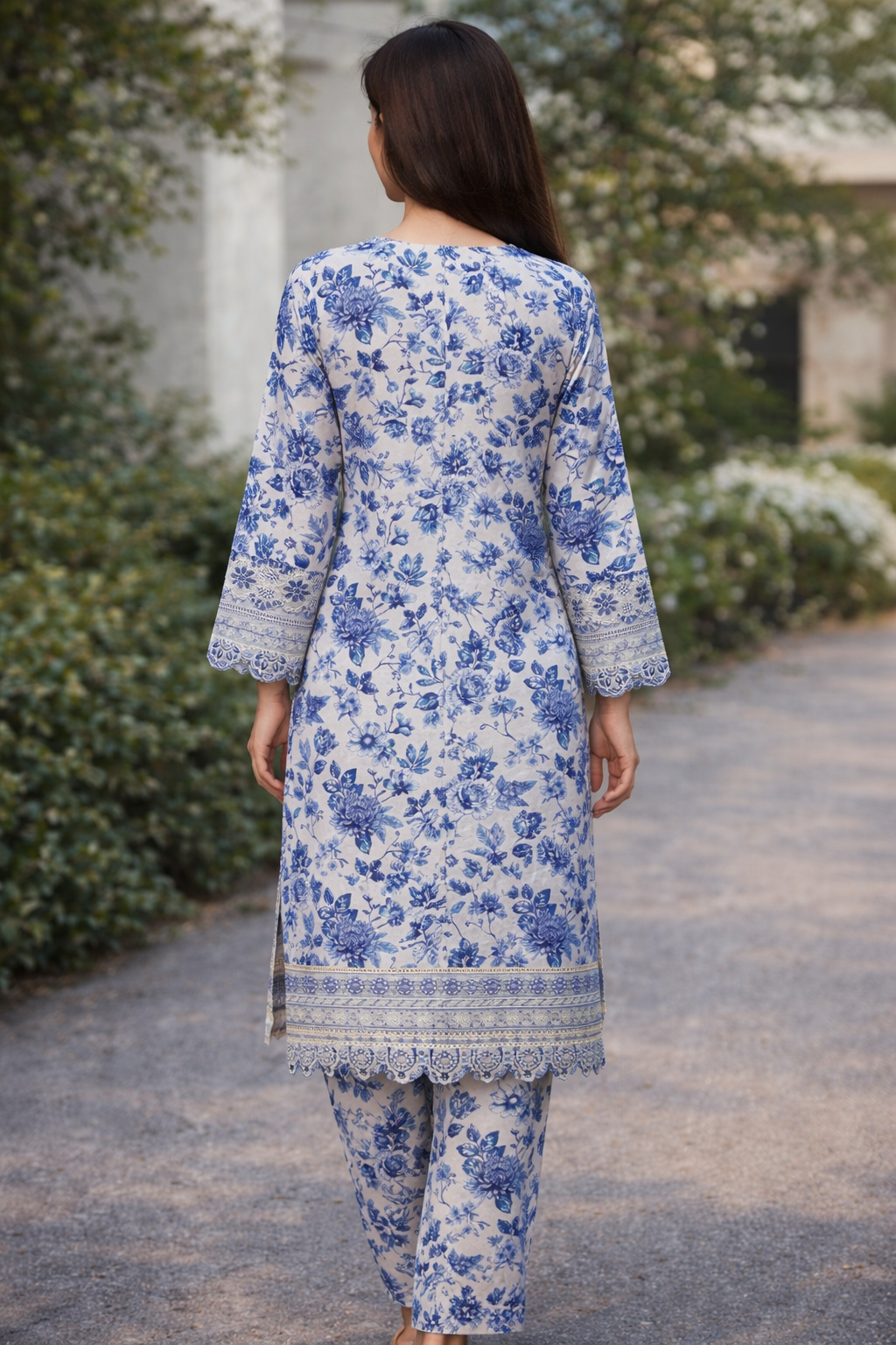 Blue Floral Embroidered Lawn Suit – 2 Piece