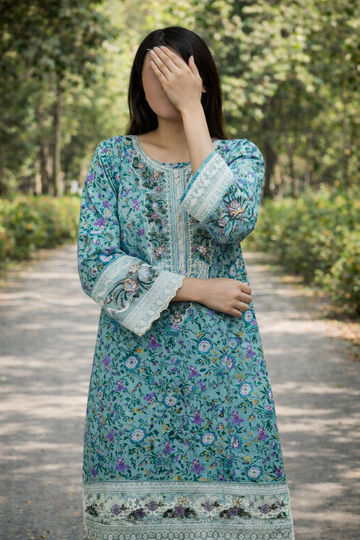 Aqua Bloom Embroidered Lawn Suit