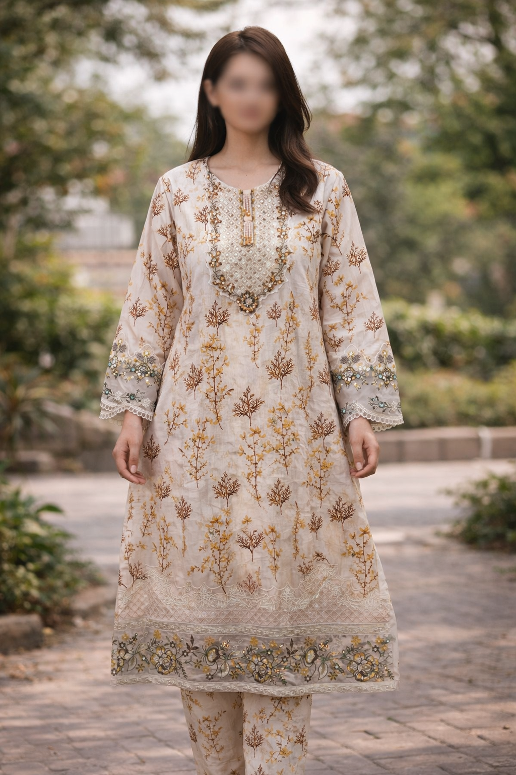 Golden Blossom Embroidered Lawn Suit