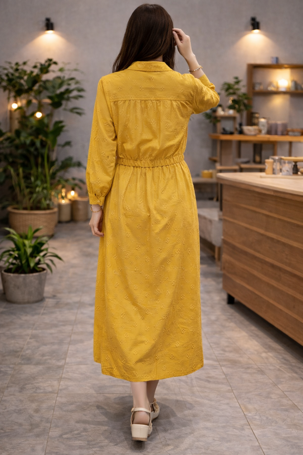 Elegant Yellow Zip-Up Collared Maxi Dress with Puff Sleeves