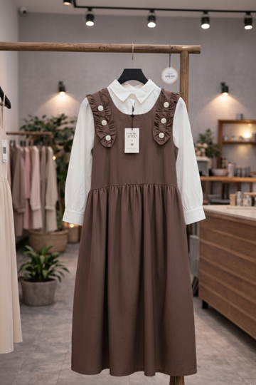Brown Pinafore Midi Dress with Ruffle Straps - Women’s Modest Fashion