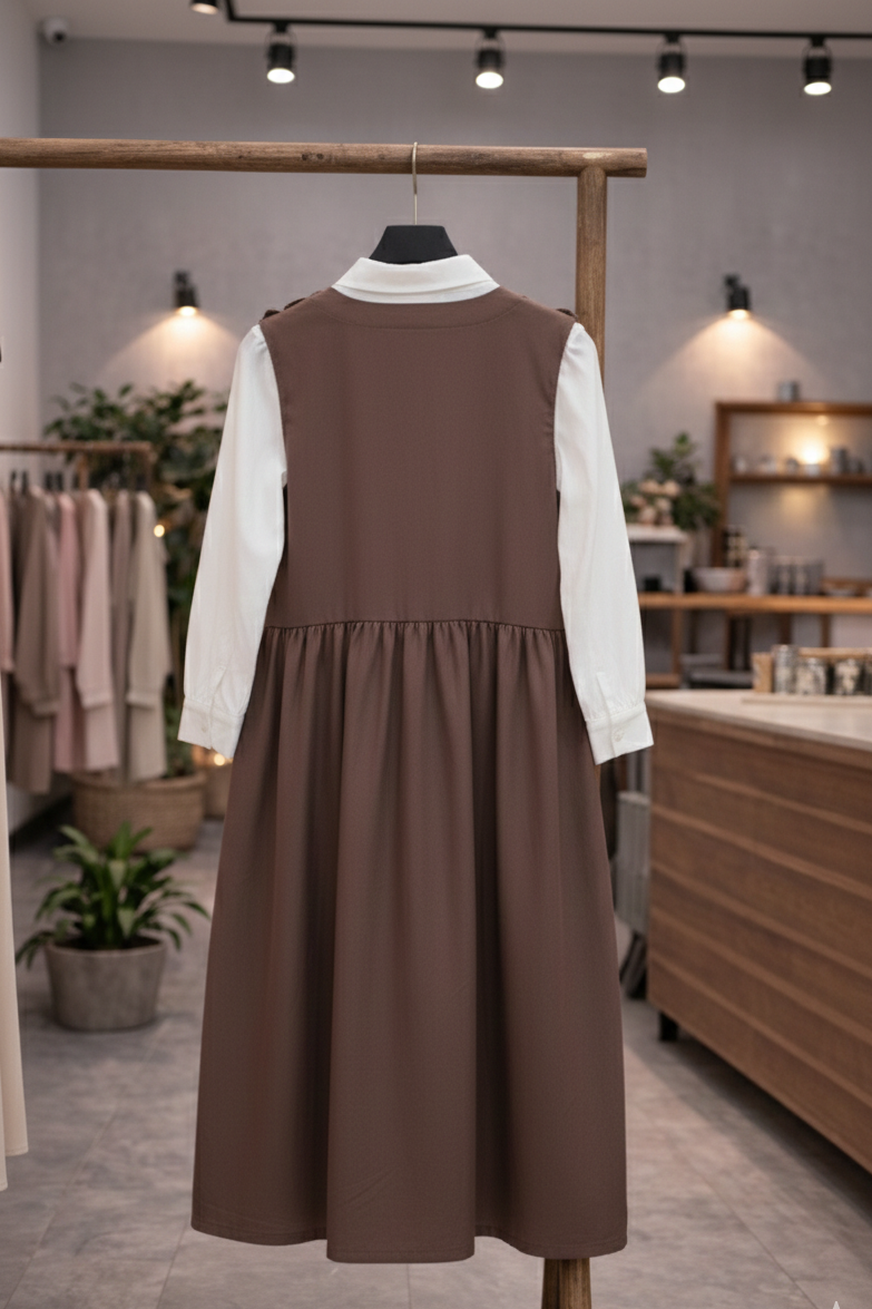 Brown Pinafore Midi Dress with Ruffle Straps - Women’s Modest Fashion