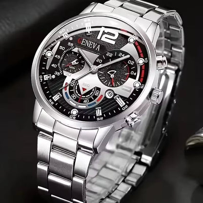 2pcs/set Men's Business Sports Quartz Watch Date Dial Analog Steel Band Wrist Watch & Bracelet