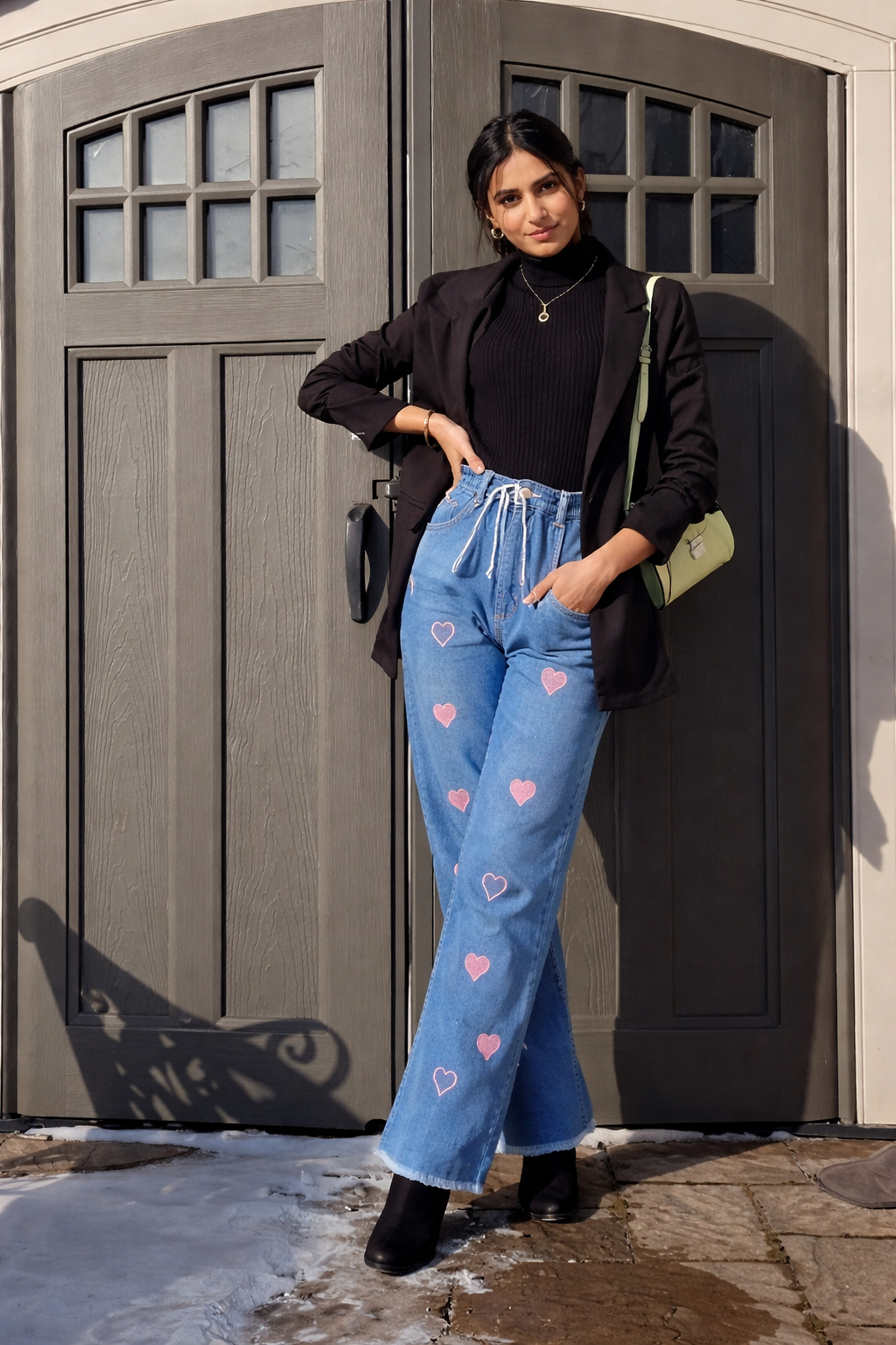 Women's Pink Heart Embroidered Denim Pants