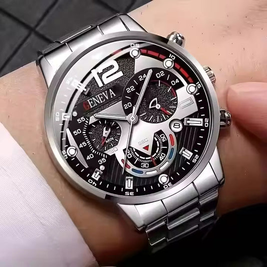 2pcs/set Men's Business Sports Quartz Watch Date Dial Analog Steel Band Wrist Watch & Bracelet