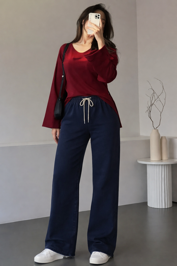 Women's Dark Wash Wide-Leg Denim | Relaxed Drawstring High-Waisted Jeans