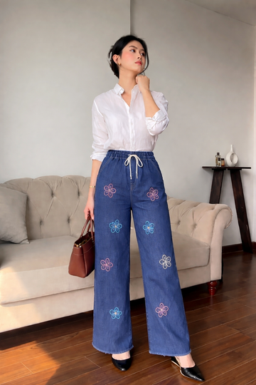 Women's Boho Floral Embroidered Wide-Leg Denim Premium