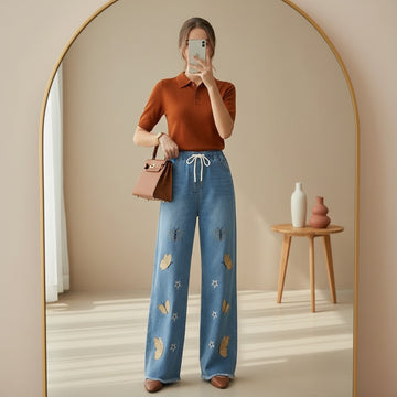 Women's Butterfly Embroidered Denim Jeans | Relaxed Fit Wide-Leg Trousers